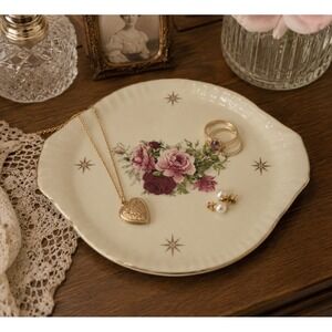 Vtg 8" Jewelry Tray Accessory Ivory Gold Victorian Rose Formalities By Baum Bros